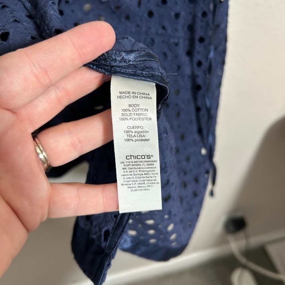 NEW Chico's Eyelet Jacket 3 US XL Navy Blue 100% Cotton Button Up Long Cinch NWT - Picture 11 of 11